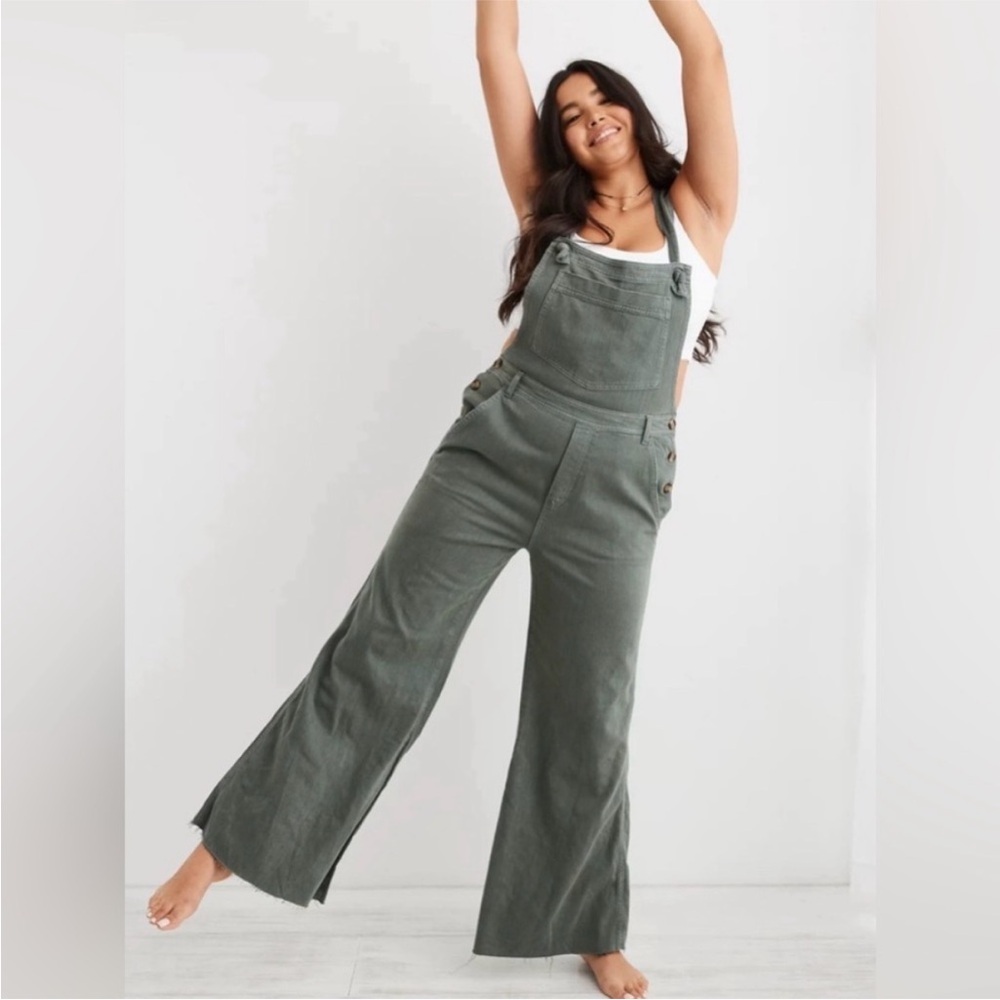 aerie Olive Green Wide-Leg Overalls